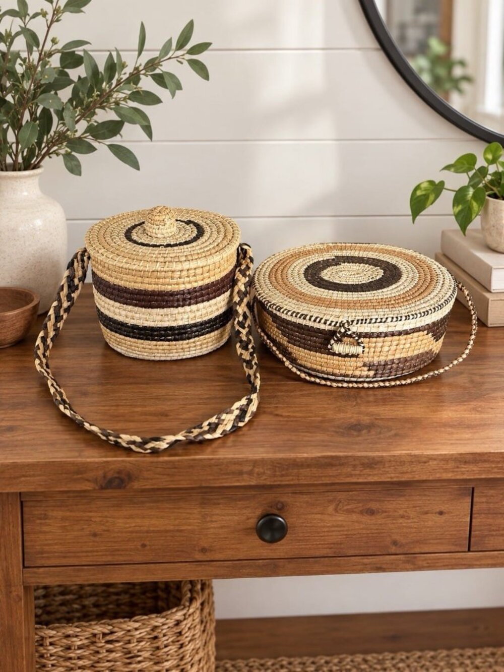 Set of 2 Handwoven Lidded Basket Bags with Shoulder Straps